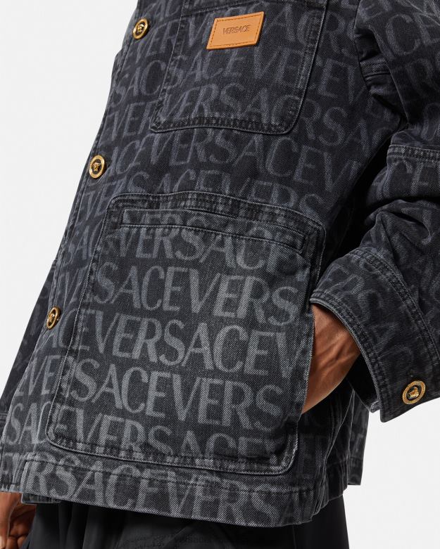 oblečenie X8X8P1224 Versace celoplošná džínsová bunda čierna a tlač muži