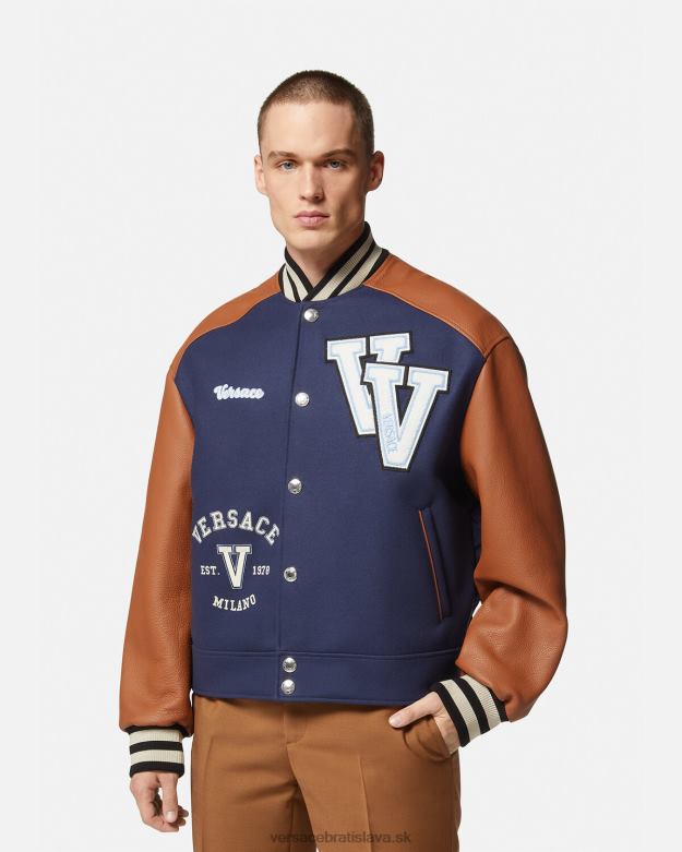 oblečenie X8X8P1257 Versace bomberová bunda s logom univerzity modrá a hnedá muži