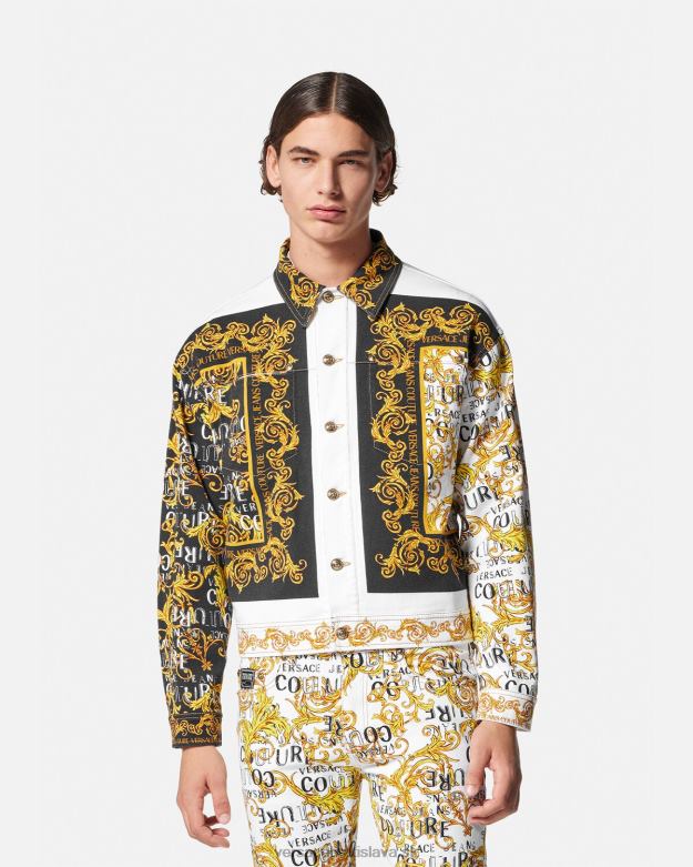 oblečenie X8X8P2416 Versace denimová bunda s logom couture zlatá a biela muži