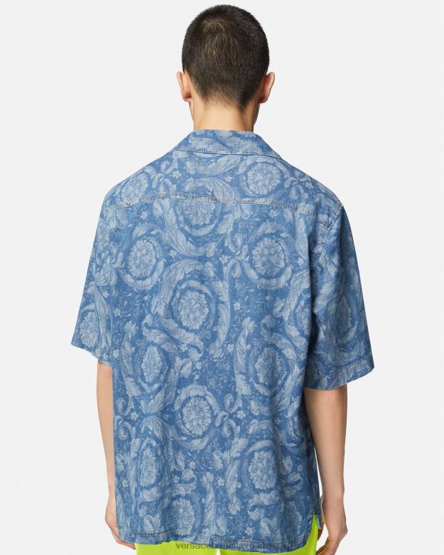 oblečenie X8X8P1298 Versace denimová košeľa s barokovou siluetou modrá a potlač muži