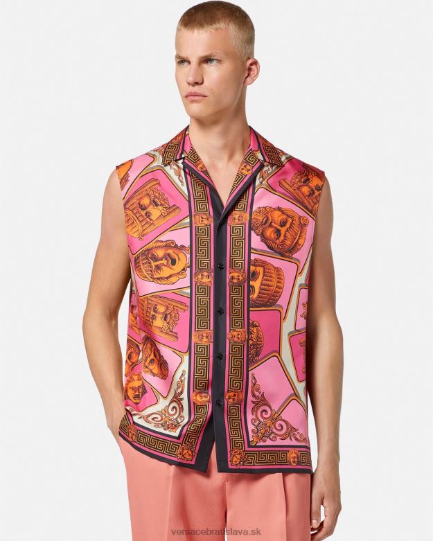 oblečenie X8X8P1304 Versace le maschere hodvábna košeľa bez rukávov ružová a potlač muži