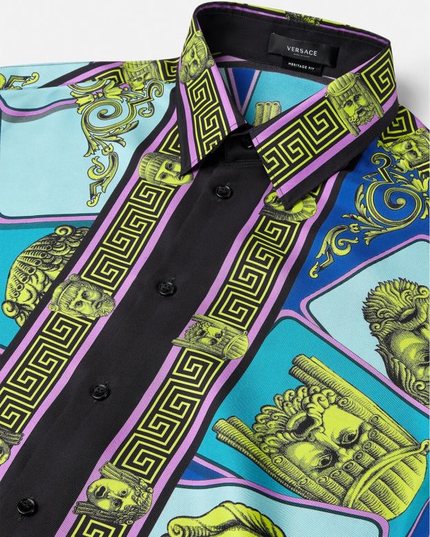 oblečenie X8X8P1305 Versace hodvábna košeľa le maschere vytlačiť muži