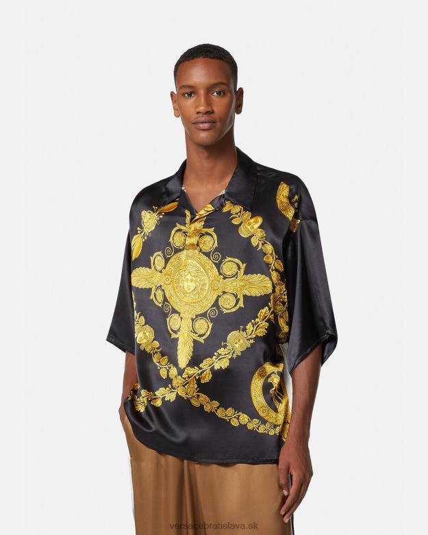 oblečenie X8X8P1313 Versace maschera baroková saténová polokošeľa vytlačiť muži