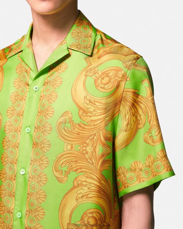 oblečenie X8X8P1317 Versace hodvábna košeľa barocco 660 zlatá a zelená muži