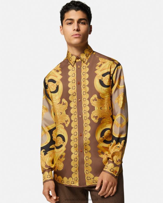 oblečenie X8X8P1320 Versace hodvábna košeľa barocco 660 hnedá a zlatá muži