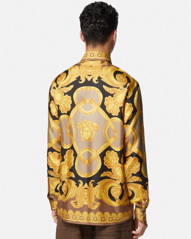 oblečenie X8X8P1320 Versace hodvábna košeľa barocco 660 hnedá a zlatá muži