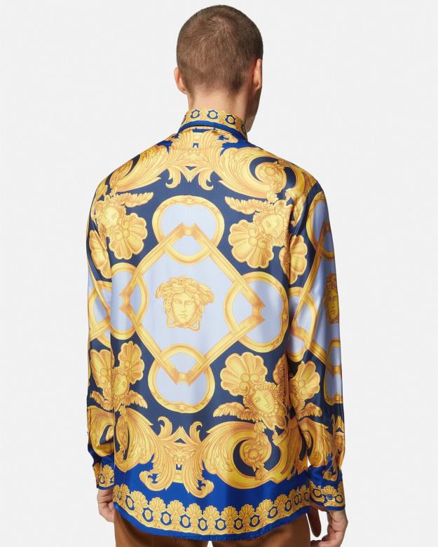oblečenie X8X8P1321 Versace bavlnená košeľa barocco 660 modrá a zlatá muži