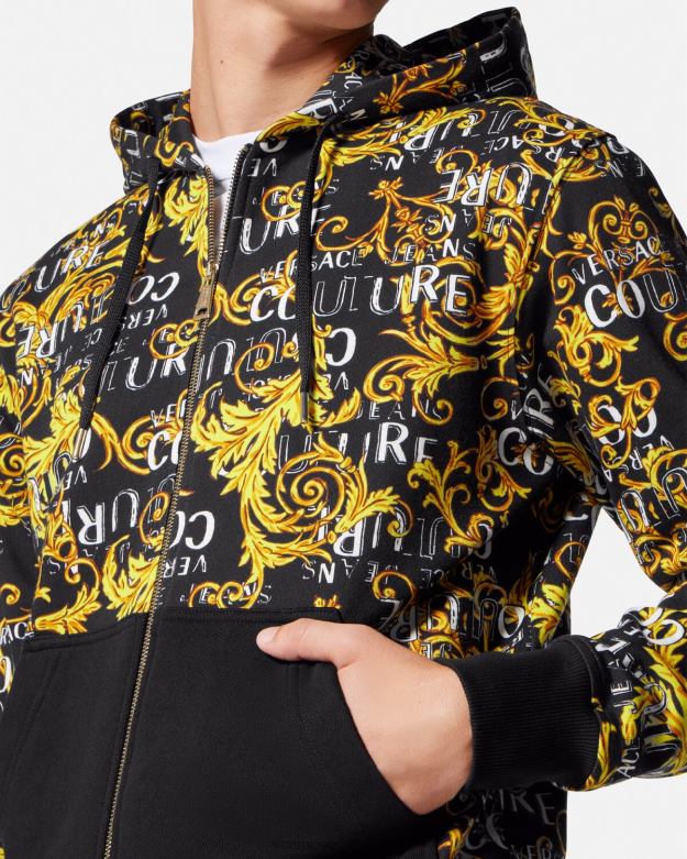 oblečenie X8X8P2403 Versace mikina s kapucňou na zips s logom čierne zlato muži