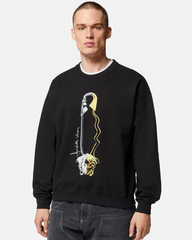 oblečenie X8X8P1420 Versace grafická mikina so zatváracím špendlíkom čierna muži