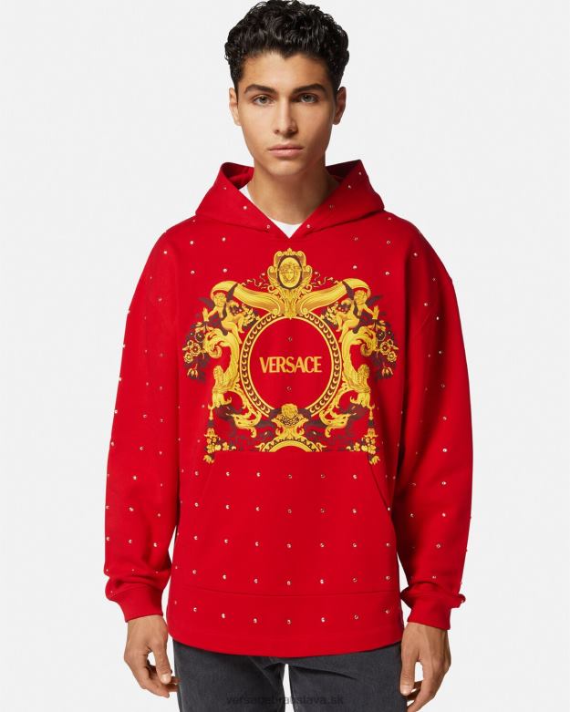 oblečenie X8X8P1421 Versace baroková mikina s krištáľovou mriežkou červená muži