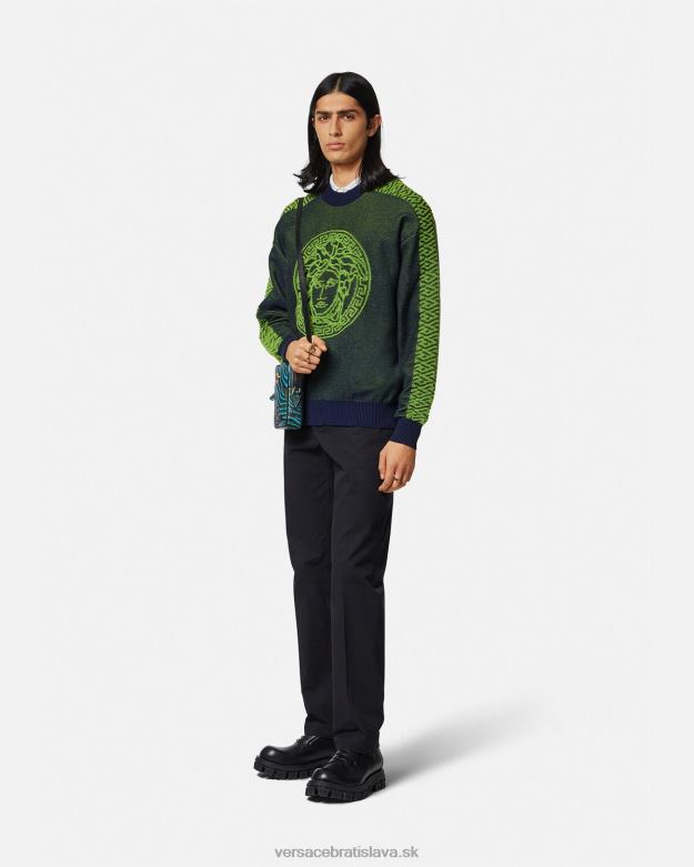 oblečenie X8X8P1331 Versace froté sveter la greca medusa modro zelená muži