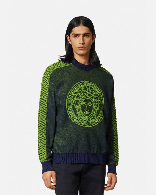 oblečenie X8X8P1331 Versace froté sveter la greca medusa modro zelená muži