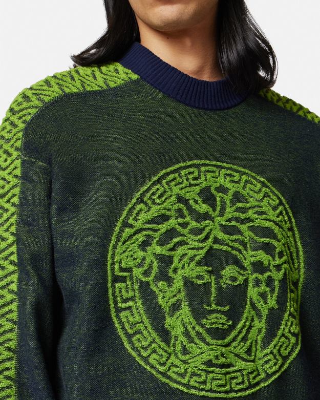 oblečenie X8X8P1331 Versace froté sveter la greca medusa modro zelená muži