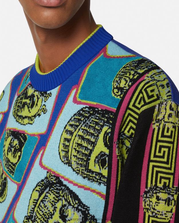 oblečenie X8X8P1335 Versace le maschere žakárový sveter vytlačiť muži
