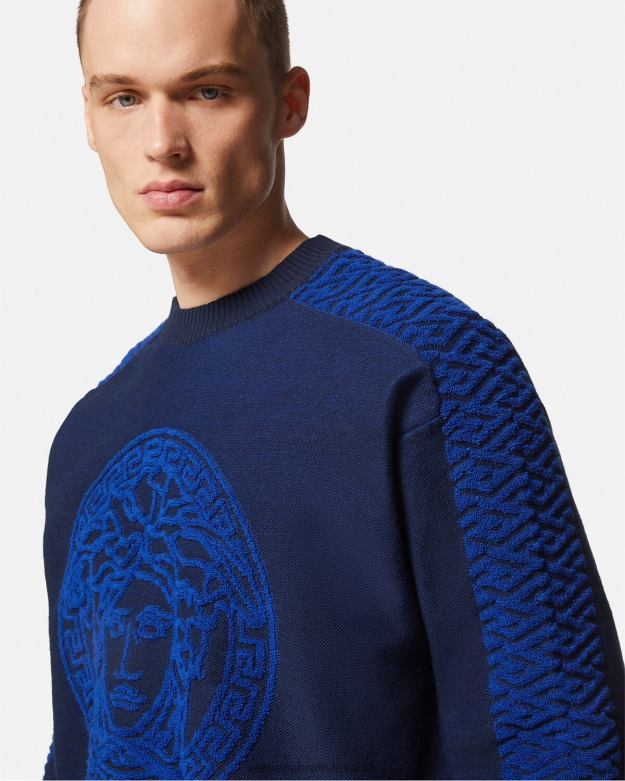 oblečenie X8X8P1338 Versace froté sveter la greca medusa Modrá muži