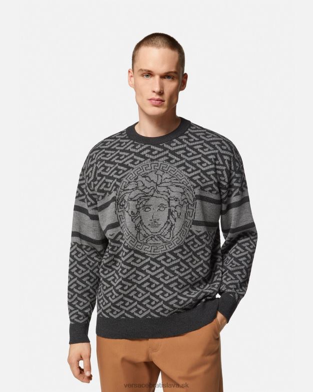 oblečenie X8X8P1339 Versace žakárový sveter la greca medusa šedá a čierna muži