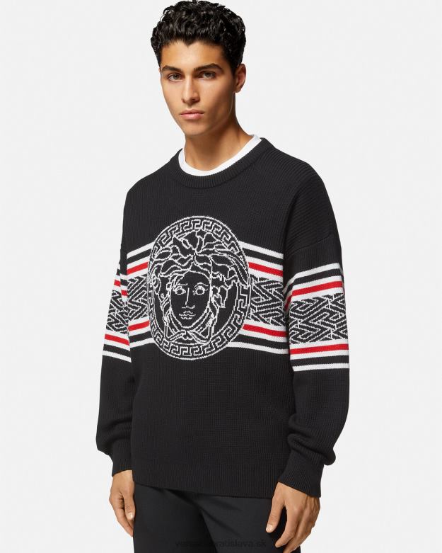 oblečenie X8X8P1344 Versace medúzový pruhovaný žakárový sveter čierna muži