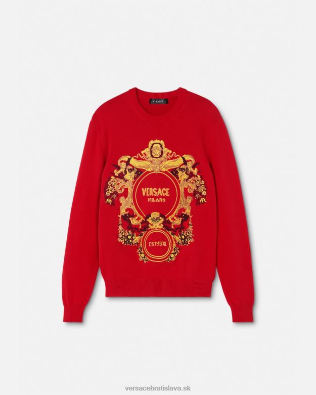 oblečenie X8X8P1345 Versace barokový vyšívaný sveter intarzia červená muži
