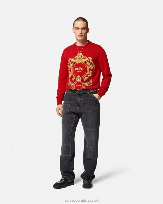 oblečenie X8X8P1345 Versace barokový vyšívaný sveter intarzia červená muži