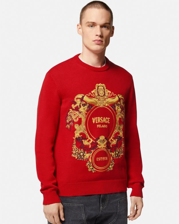 oblečenie X8X8P1345 Versace barokový vyšívaný sveter intarzia červená muži