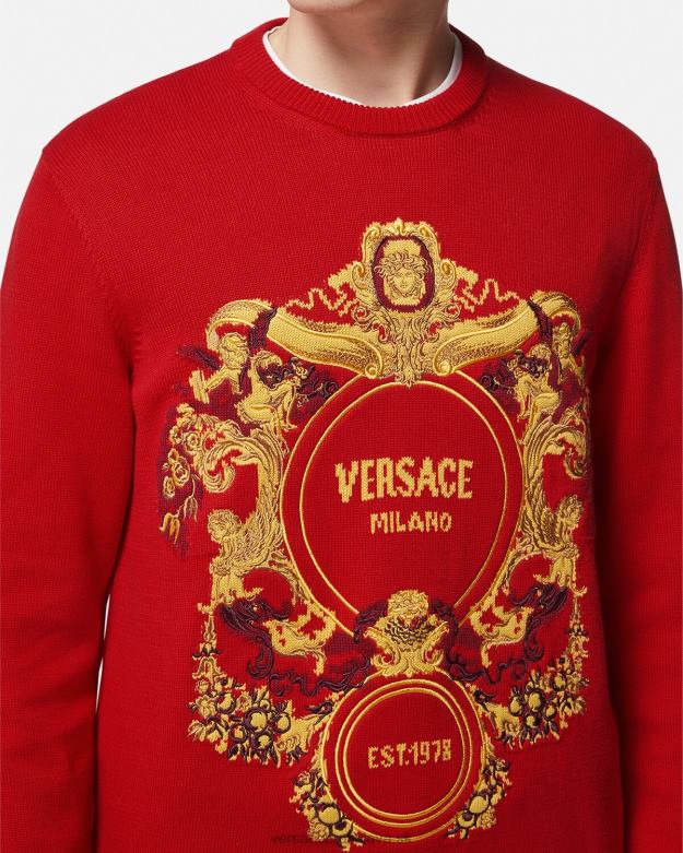 oblečenie X8X8P1345 Versace barokový vyšívaný sveter intarzia červená muži