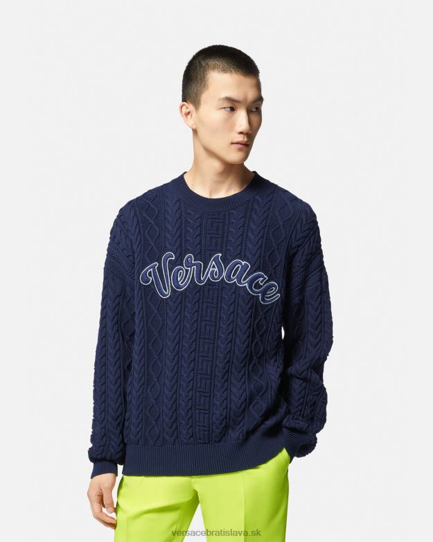 oblečenie X8X8P1350 Versace greca univerzitný pletený sveter Modrá muži