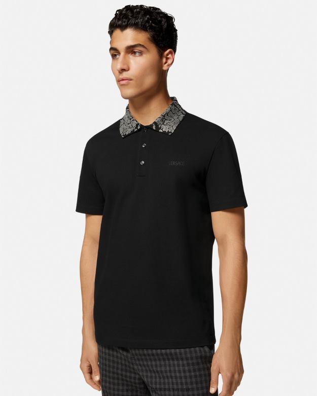 oblečenie X8X8P1391 Versace vyšívaná polokošeľa s krátkym rukávom čierna muži