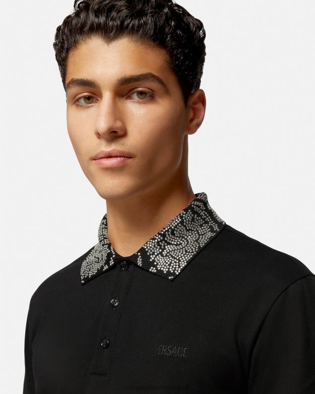 oblečenie X8X8P1391 Versace vyšívaná polokošeľa s krátkym rukávom čierna muži