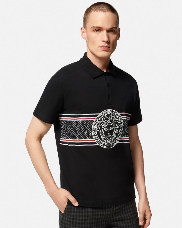 oblečenie X8X8P1395 Versace medúza vyšívaná polokošeľa čierna muži
