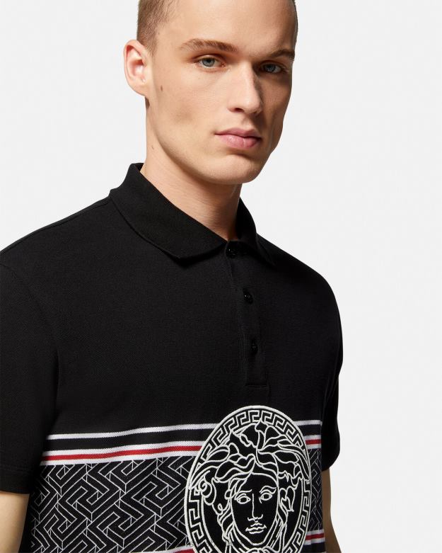 oblečenie X8X8P1395 Versace medúza vyšívaná polokošeľa čierna muži
