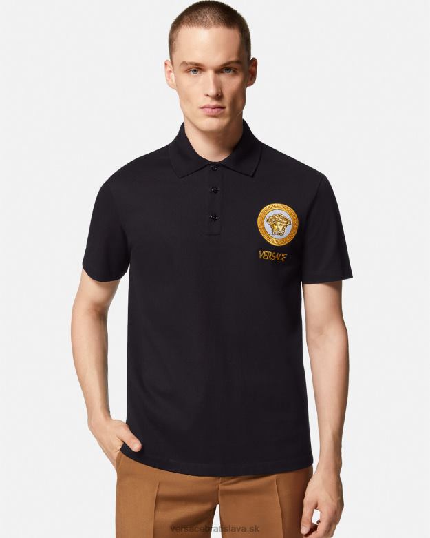 oblečenie X8X8P1398 Versace medúza vyšívaná polokošeľa čierna muži