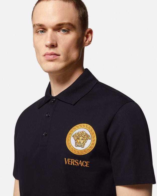 oblečenie X8X8P1398 Versace medúza vyšívaná polokošeľa čierna muži