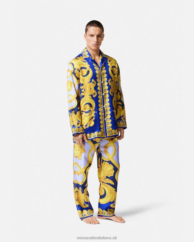 spodná bielizeň a plážové oblečenie X8X8P1739 Versace barocco 660 hodvábny pyžamový top modrá a zlatá muži