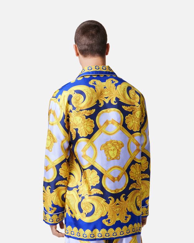 spodná bielizeň a plážové oblečenie X8X8P1739 Versace barocco 660 hodvábny pyžamový top modrá a zlatá muži