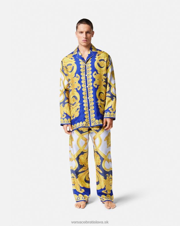 spodná bielizeň a plážové oblečenie X8X8P1740 Versace barocco 660 hodvábne pyžamové nohavičky modrá a zlatá muži