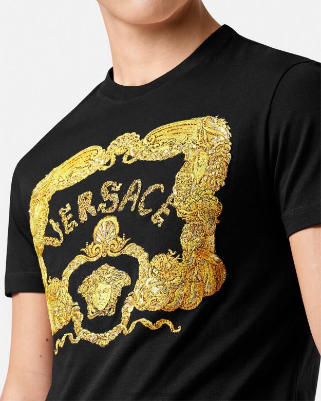 oblečenie X8X8P1363 Versace vyšívané mušľové barokové tričko čierna muži