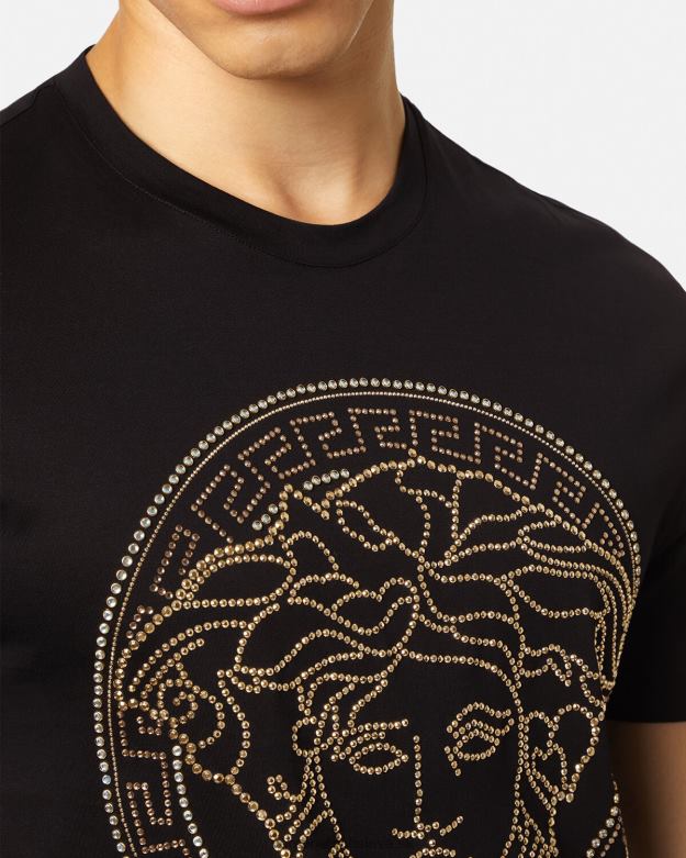 oblečenie X8X8P1377 Versace zdobené tričko s logom medúzy čierna muži