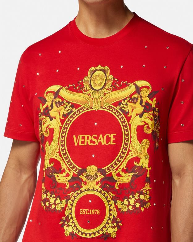oblečenie X8X8P1401 Versace barokové tričko s krištáľovou mriežkou červená muži