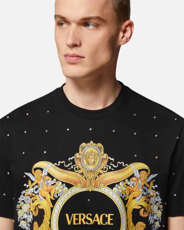 oblečenie X8X8P1402 Versace barokové tričko s krištáľovou mriežkou čierna muži
