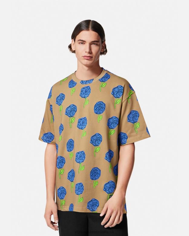 oblečenie X8X8P2371 Versace tričko s ružami hnedá muži