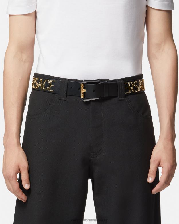 príslušenstvo X8X8P1627 Versace kožený opasok s vyšívaným logom čierne zlato muži
