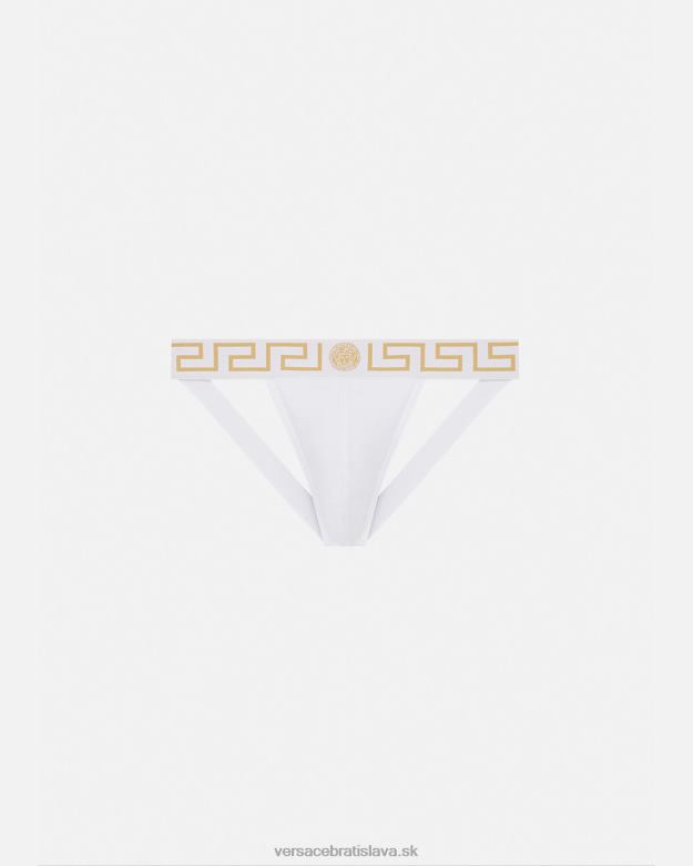 spodná bielizeň a plážové oblečenie X8X8P1776 Versace greca hraničný jockstrap biele zlato muži