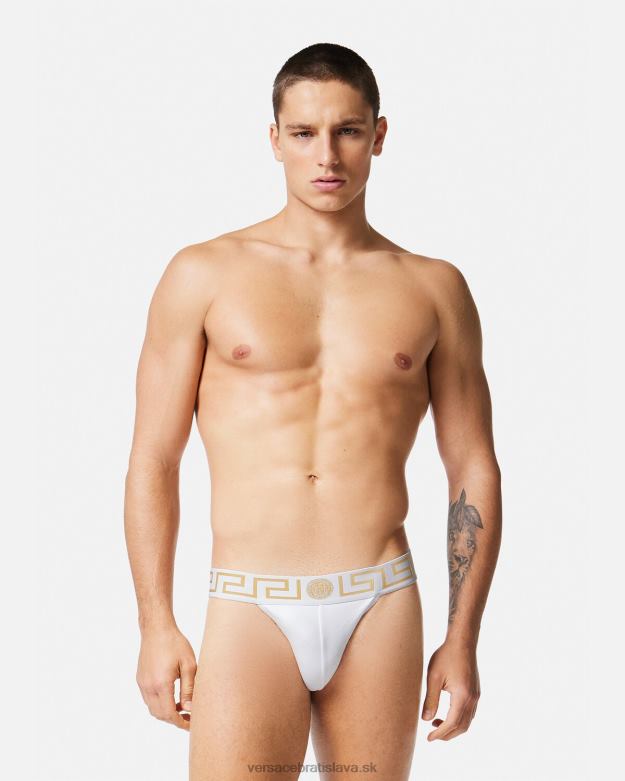 spodná bielizeň a plážové oblečenie X8X8P1776 Versace greca hraničný jockstrap biele zlato muži