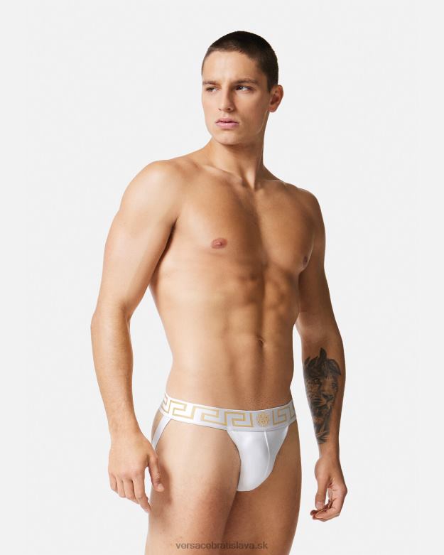 spodná bielizeň a plážové oblečenie X8X8P1776 Versace greca hraničný jockstrap biele zlato muži