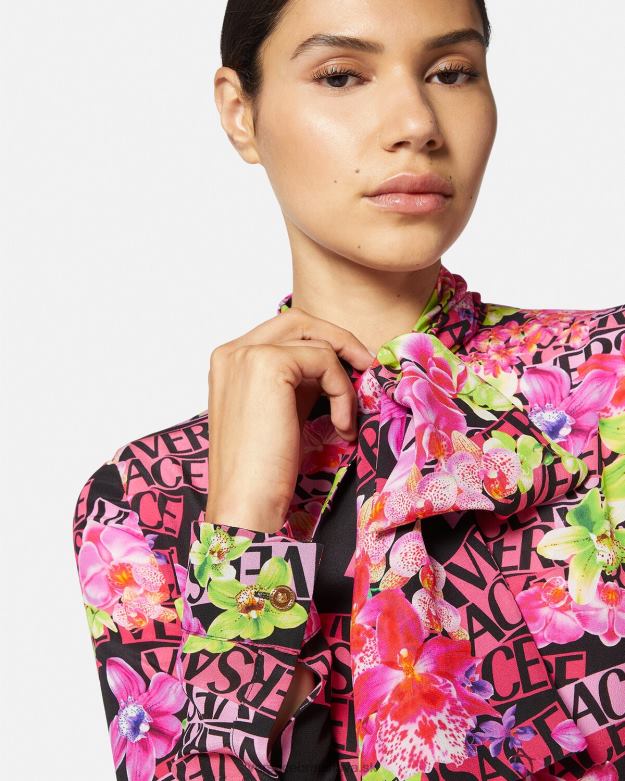 oblečenie X8X8P68 Versace midi košeľové šaty s logom orchidea čierna a tlač ženy
