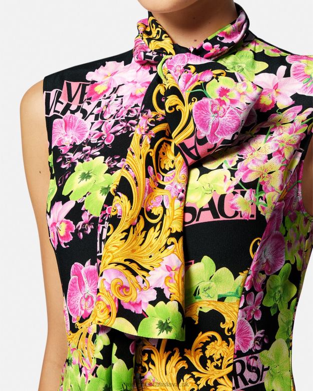 oblečenie X8X8P69 Versace midi košeľové šaty s logom orchidea čierna a tlač ženy