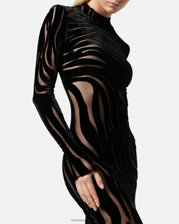 oblečenie X8X8P72 Versace zebra zamatové midi šaty čierna ženy