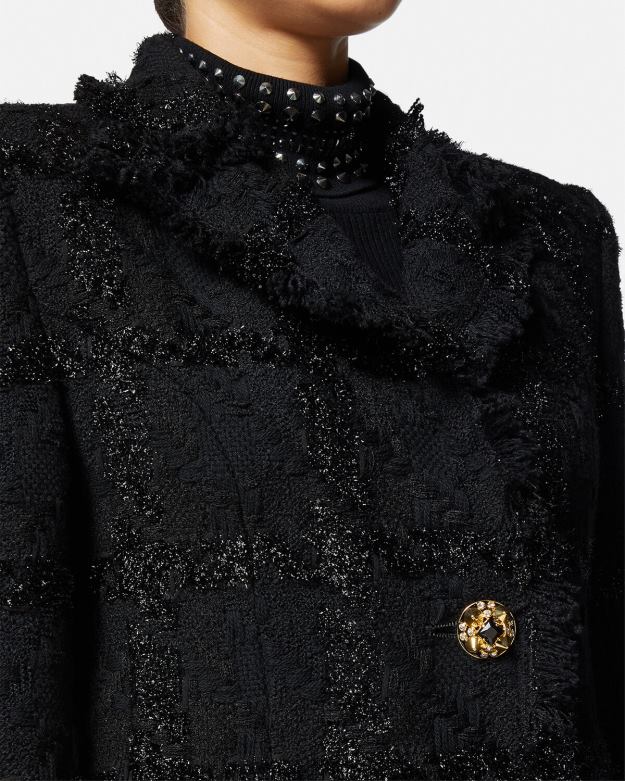 oblečenie X8X8P102 Versace ostnatý tvídový dlhý kabát čierna ženy