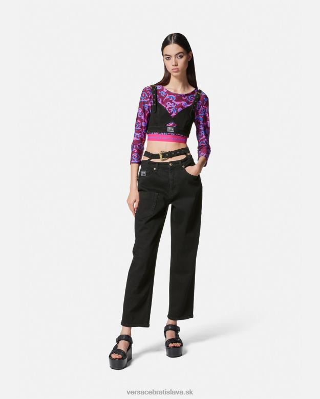 oblečenie X8X8P2145 Versace denim crop top s barokovou sponou čierna ženy