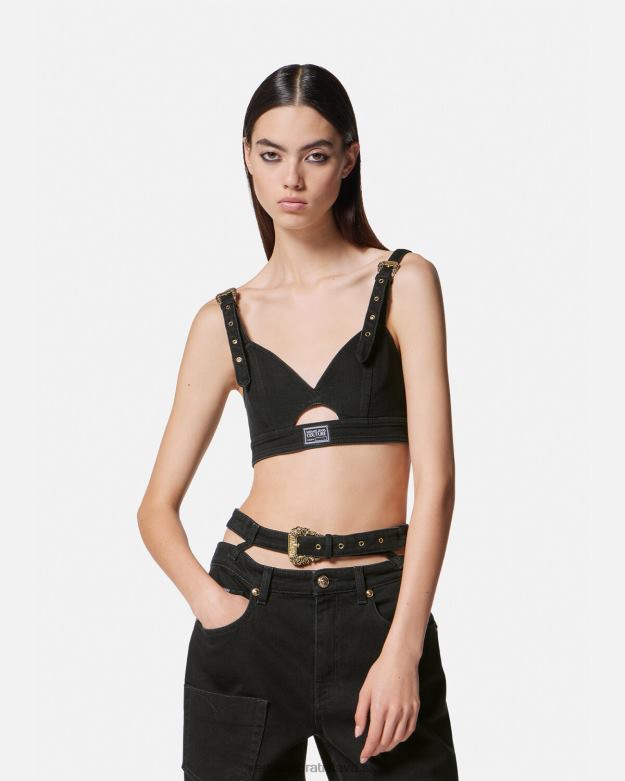 oblečenie X8X8P2145 Versace denim crop top s barokovou sponou čierna ženy